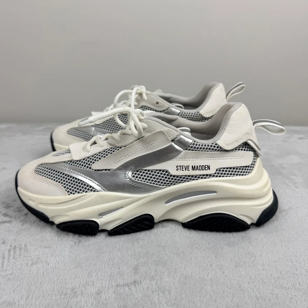 Steve Madden Possession Sneakers Men's 11 Cream Silver Chunky Dad Shoes POSS03S1